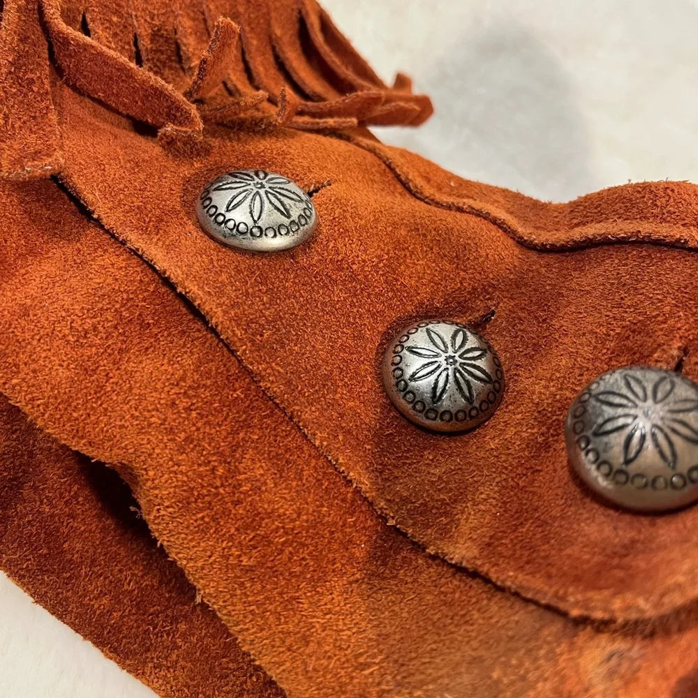 Taos Vintage Rust Brown White Leather Kids Moccasin Fringe Boots Size 12